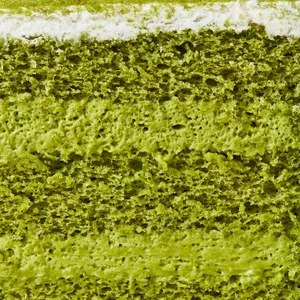 Close up shot of Lady M's Green Tea Mousse showing layers of matcha sponge and matcha mousse.