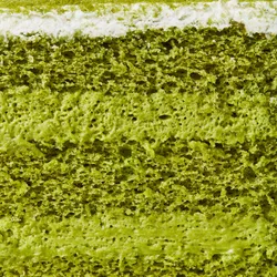 Close up shot of Lady M's Green Tea Mousse showing layers of matcha sponge and matcha mousse.