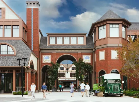 Image of the entrance of Belmont Park Village on Long Island.