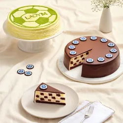 World Cup Green Tea Mille Crêpes and World Cup Checkers cake presented with a plated slice.