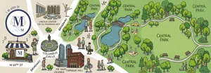 A whimsical, hand-drawn New York City map banner for the Lady M boutique at 1 W 60th St. The left side features the circular Lady M logo pointing to an illustrated boutique with a blue-and-white striped awning. The map highlights Columbus Circle, Lincoln Center, Carnegie Hall, and The Shops at Columbus Circle, with the right side expanding into a large, lush green illustration of Central Park filled with trees, walking paths, bridges, and pedestrians.