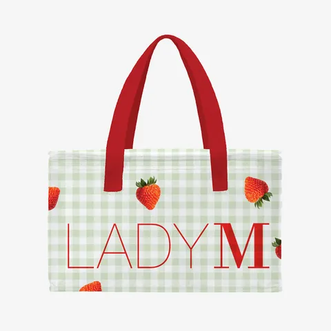 Lady M insulated tote bag with green gingham pattern, strawberry print, red handles, and red LADY M logo