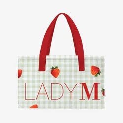 Lady M insulated tote bag with green gingham pattern, strawberry print, red handles, and red LADY M logo