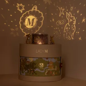 Lady M gift box projecting mooncake and rabbit silhouette onto wall.