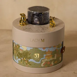Close-up of Lady M gift box with globe removed