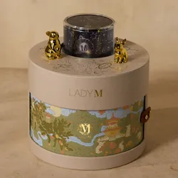 Close-up of Lady M gift box with globe removed