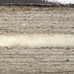 Close-up of Sesame Mochi Mille Crêpes layers and vanilla cream center band