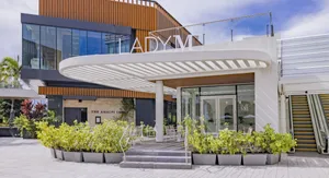 Exterior view of a modern Lady M boutique featuring large white letters spelling 'LADY M' atop a curved white louvred overhang. Steps lead up to an elevated outdoor patio with seating framed by grey planters with green foliage, leading to glass entrance doors.