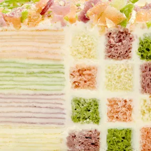 Close-up of Lady M Birthday Cake rainbow Mille Crêpe layers and checkerboard sponge